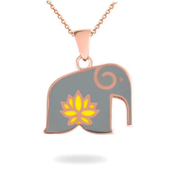 Rose Gold Elephant Yellow Lotus Flower Enamel Pendant Necklace