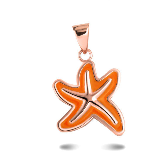 Gold Orange Enamel Sea Starfish Ocean Pendant Necklace (Available in Yellow/Rose/White Gold)