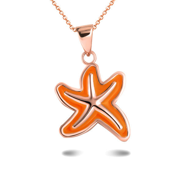 Gold Orange Enamel Sea Starfish Ocean Pendant Necklace (Available in Yellow/Rose/White Gold)
