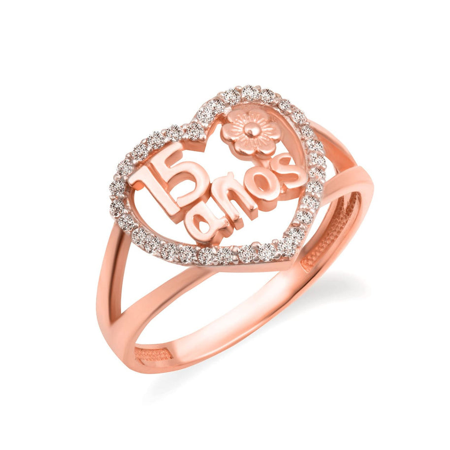 Two-Tone Gold 15 Años Cubic Zirconia Heart Flower Rose Quinceañera Ring (Available in Yellow/Rose/White Gold)
