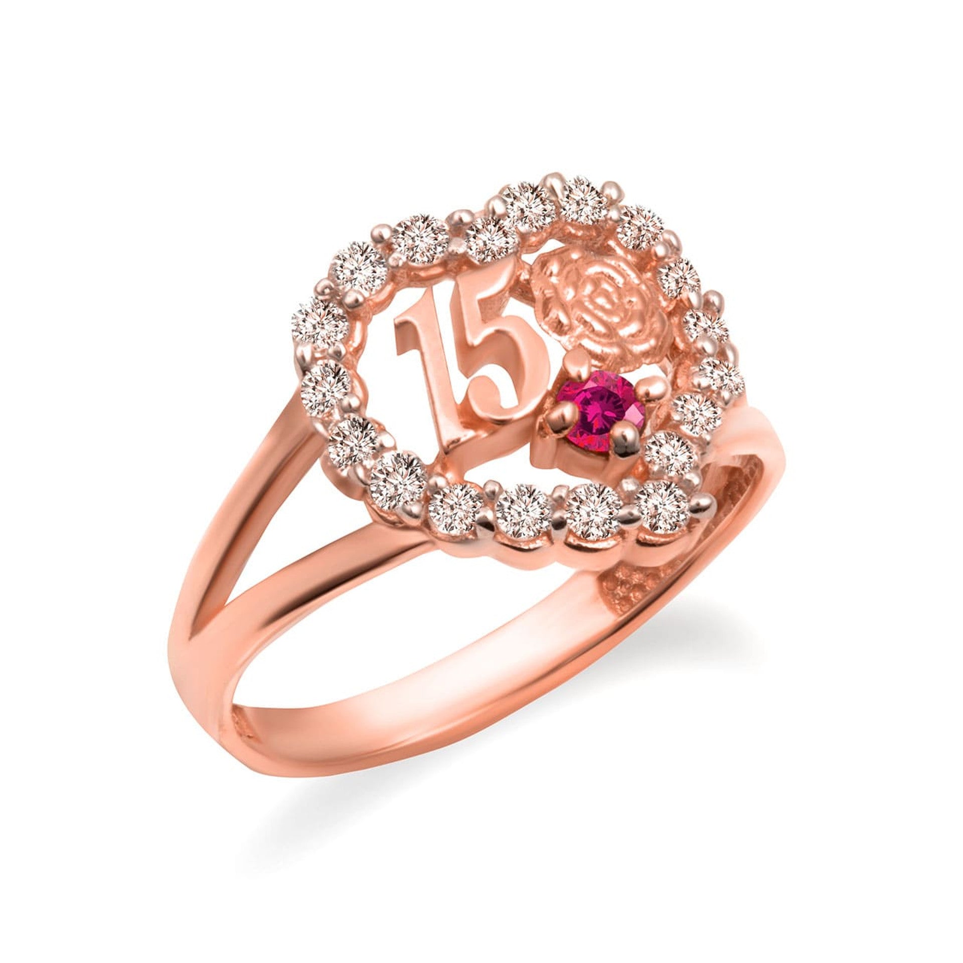 Two-Tone Gold 15 Años Cubic Zirconia Heart Birthstone Rose Flower Quinceañera Ring (Available in Yellow/Rose/White Gold)