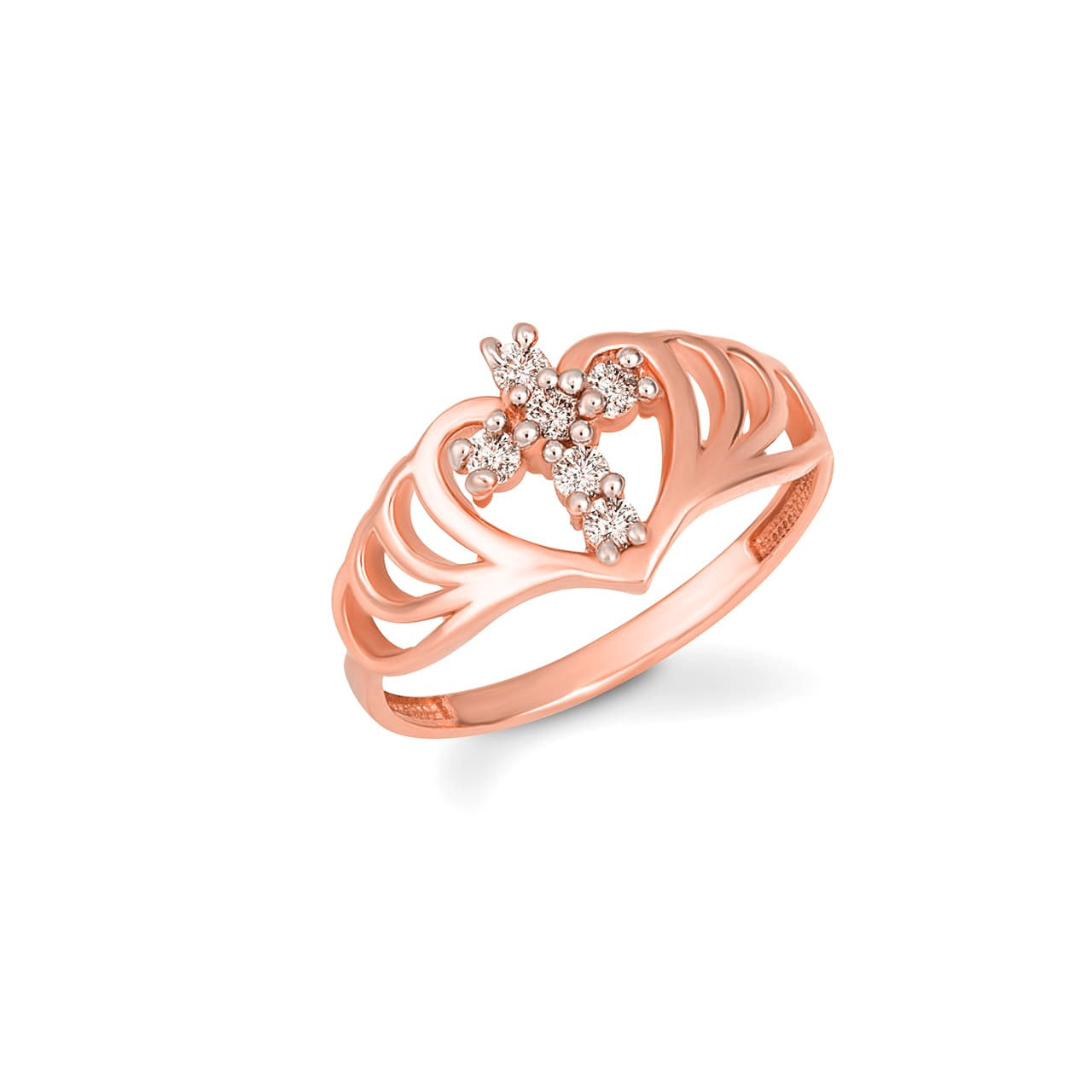 Gold Cubic Zirconia Cross Heart Filigree Ring (Available in Yellow/Rose/White Gold)