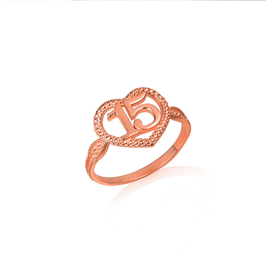 Gold Textured 15 Años Heart Quinceañera Ring (Available in Yellow/Rose/White Gold)