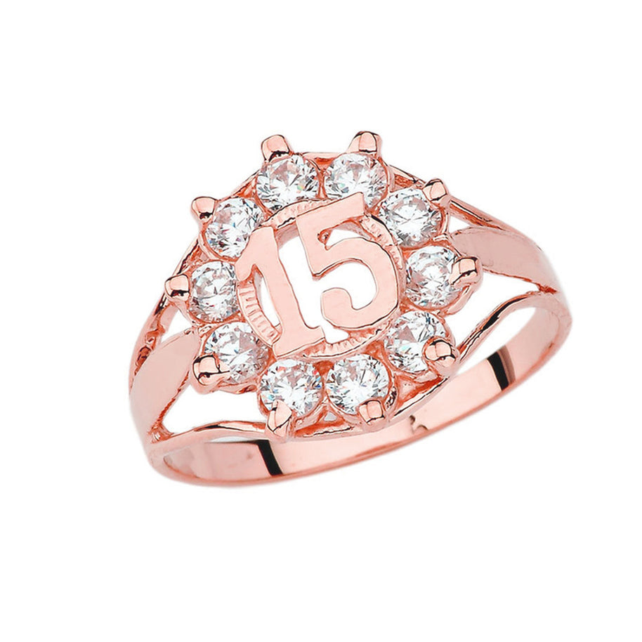 Gold Cubic Zirconia 15 Años Quinceañera Round Ring (Available in Yellow/Rose/White Gold)