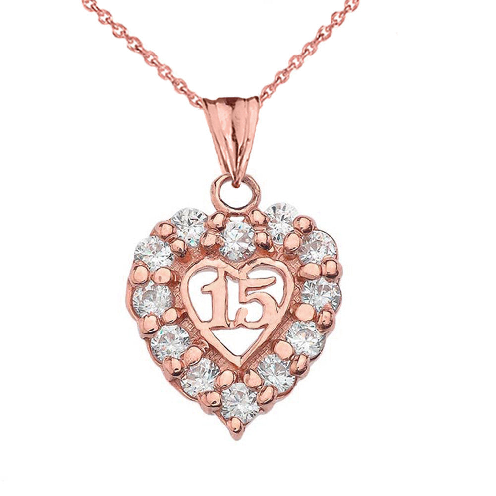 Gold Cubic Zirconia Heart 15 Años Quinceañera Pendant Necklace(Available in Yellow/Rose/White)