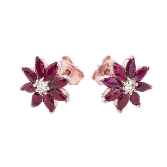 Solid Gold Genuine Ruby and Diamond Daisy Stud Earrings (Available in Yellow/Rose/White)