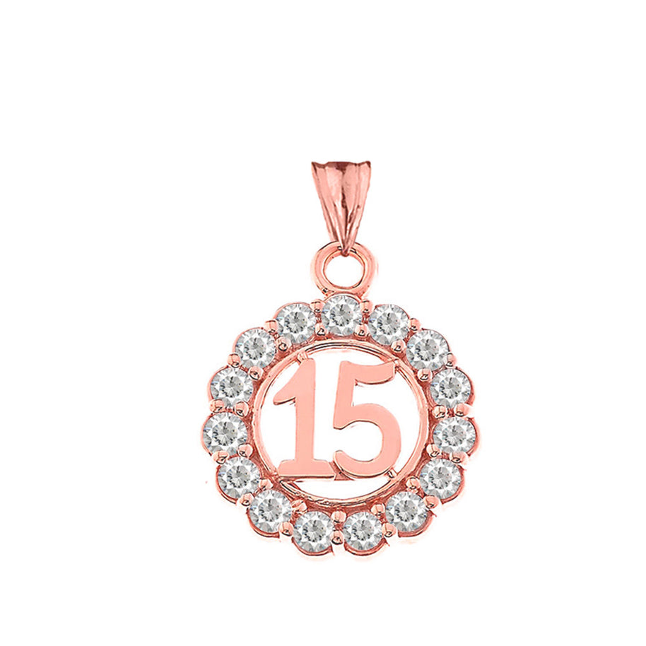 Solid Gold Cubic Zirconia 15 Años Quinceañera Round Pendant Necklace (Available in Yellow/Rose/White Gold)