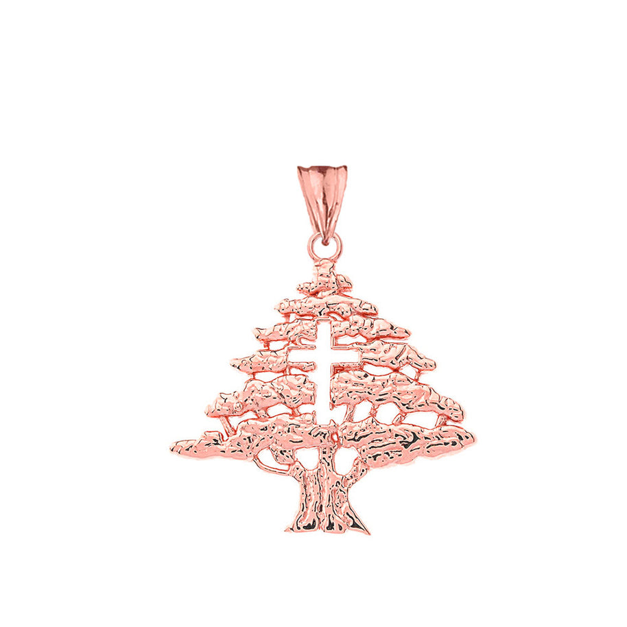 Solid Gold Lebanese Cedar Tree With Cut out Cross Pendant Necklace(Available in Yellow/Rose/White Gold)
