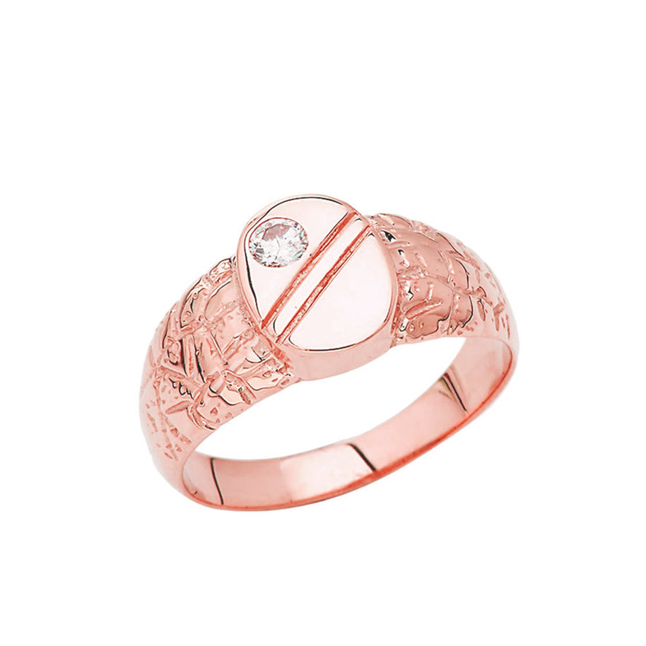 Gold Nugget Cubic Zirconia Striped Oval Signet Ring (Available in Yellow/Rose/White Gold)