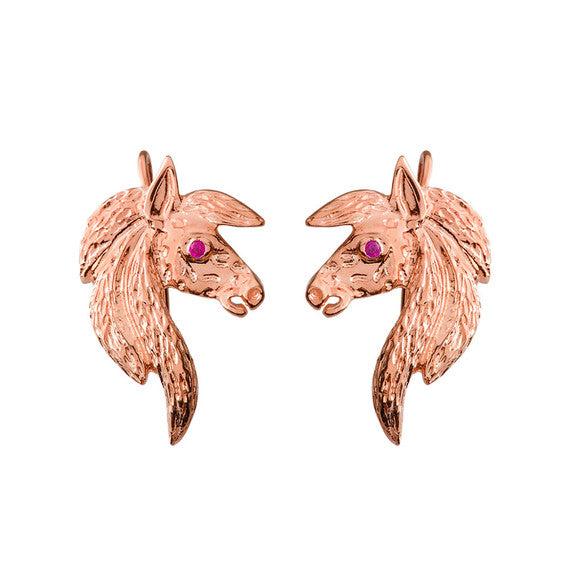 Exquisite Ruby Eyed Horse Earrings in Rose Gold