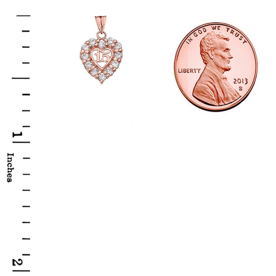 Gold Cubic Zirconia Heart 15 Años Quinceañera Pendant Necklace(Available in Yellow/Rose/White)