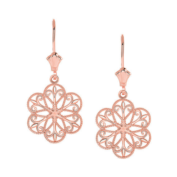 Gold Milgrain Filigree Flower Leverback Earrings (Available in Yellow/Rose/White Gold)