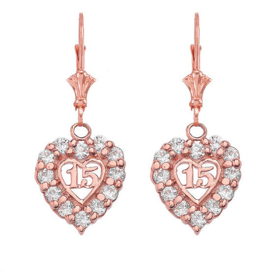 Gold Cubic Zirconia Heart 15 Años Quinceañera Leverback Earrings (Available in Yellow/Rose/White Gold)