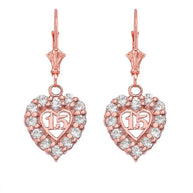 Gold Cubic Zirconia Heart 15 Años Quinceañera Leverback Earrings (Available in Yellow/Rose/White Gold)
