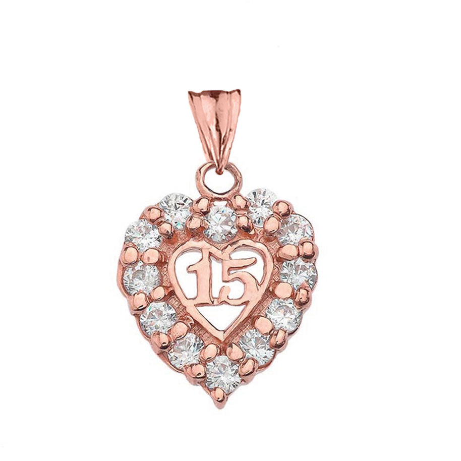 Gold Cubic Zirconia Heart 15 Años Quinceañera Pendant Necklace(Available in Yellow/Rose/White)