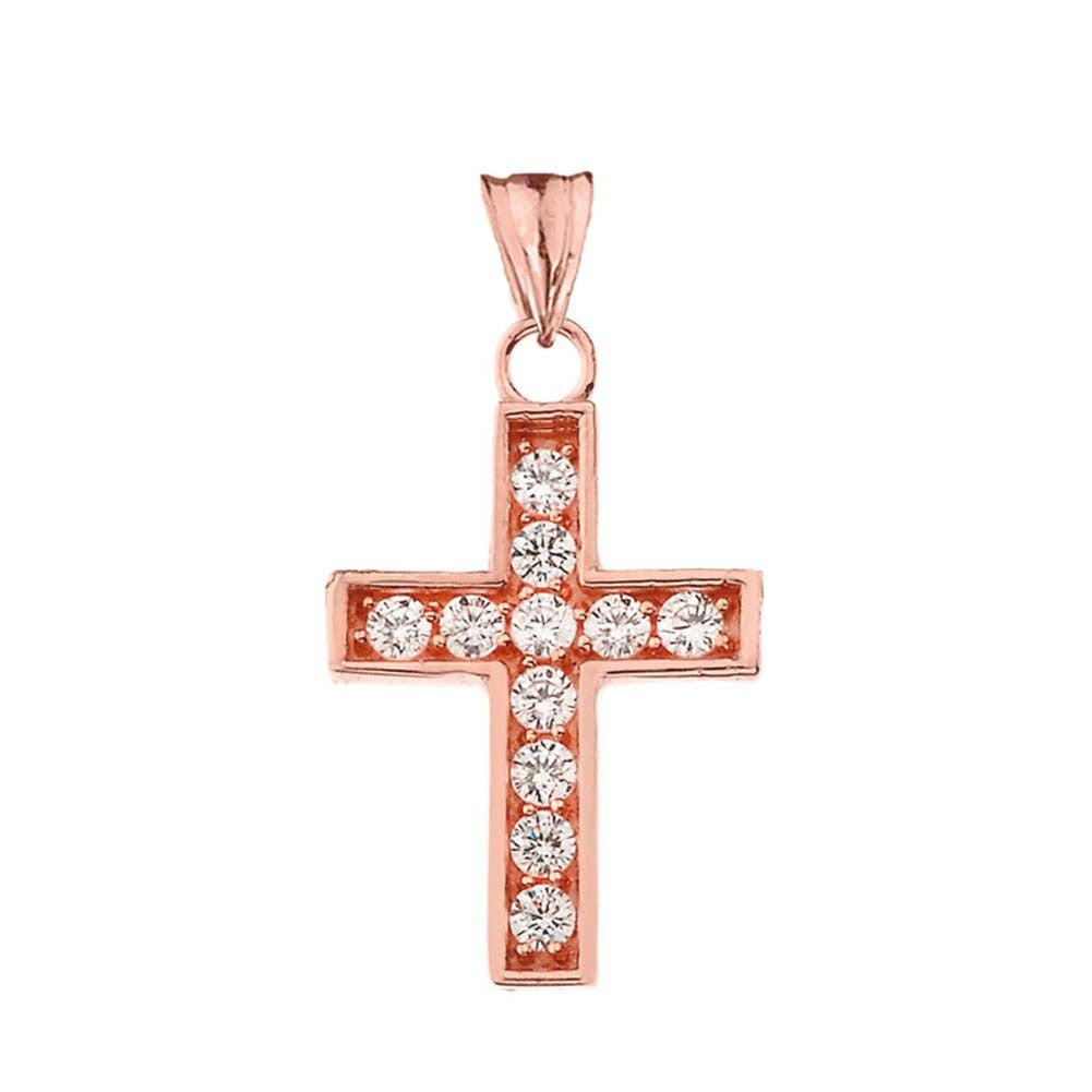Gold Cubic Zirconia Cross Religious Pendant Necklace (Available in Yellow/Rose/White Gold)