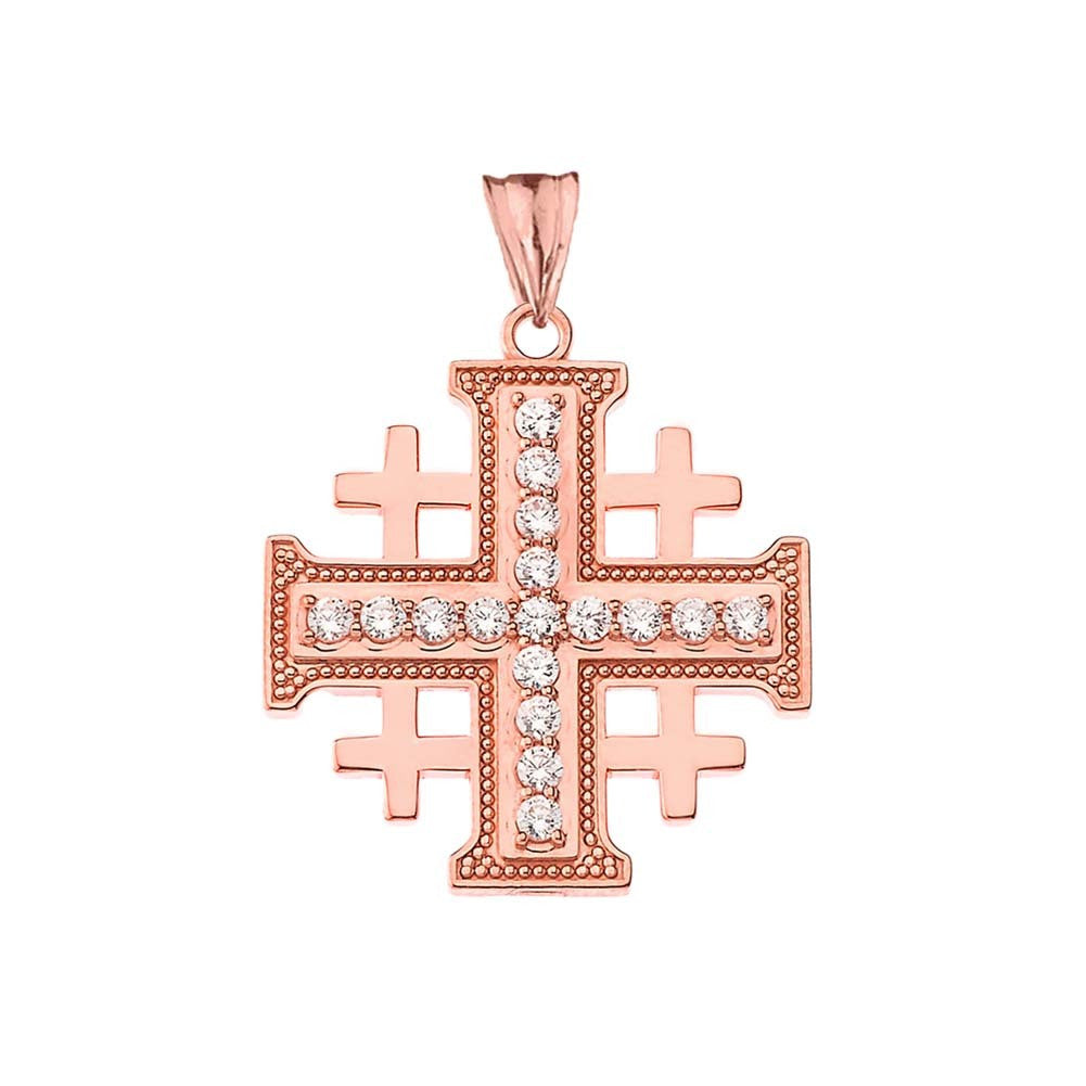 Gold Cubic Zirconia Jerusalem Cross Pendant Necklace (Available in Yellow/Rose/White Gold)