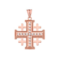 Gold Cubic Zirconia Jerusalem Cross Pendant Necklace (Available in Yellow/Rose/White Gold)