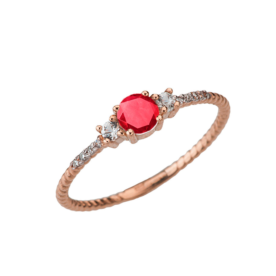 Dainty Elegant Ruby and Diamond Rope Ring in Rose Gold