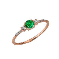 Dainty Elegant Emerald and Diamond Rope Ring in Rose Gold