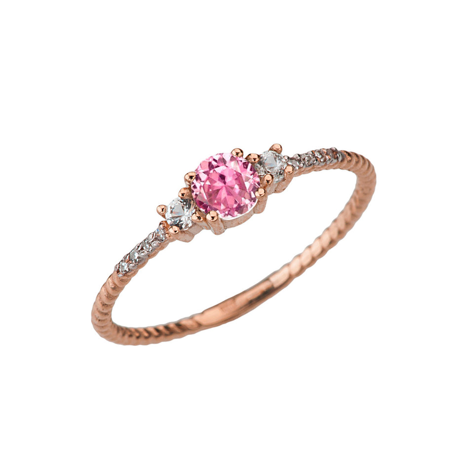 Dainty Elegant Pink CZ and Diamond Rope Ring in Rose Gold