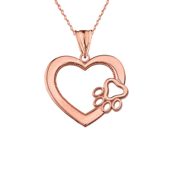 Gold Heart Pet Dog Paw Print Pendant Necklace (Available in Yellow/Rose/White Gold)