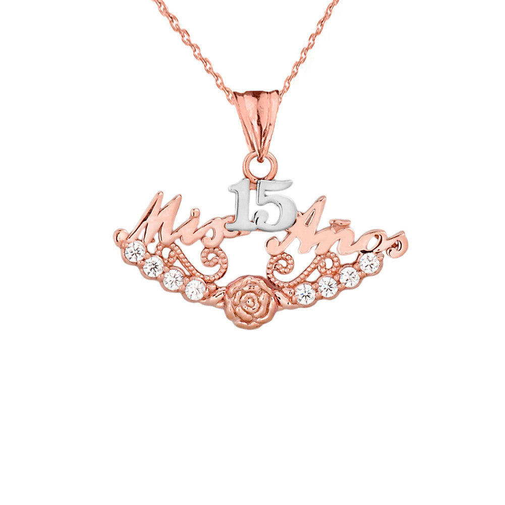 Tri-Color Gold Cubic Zirconia Mis 15 Años Flower Quinceañera Pendant Necklace (Available in Yellow/Rose/White Gold)