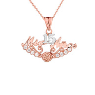 Tri-Color Gold Cubic Zirconia Mis 15 Años Flower Quinceañera Pendant Necklace (Available in Yellow/Rose/White Gold)