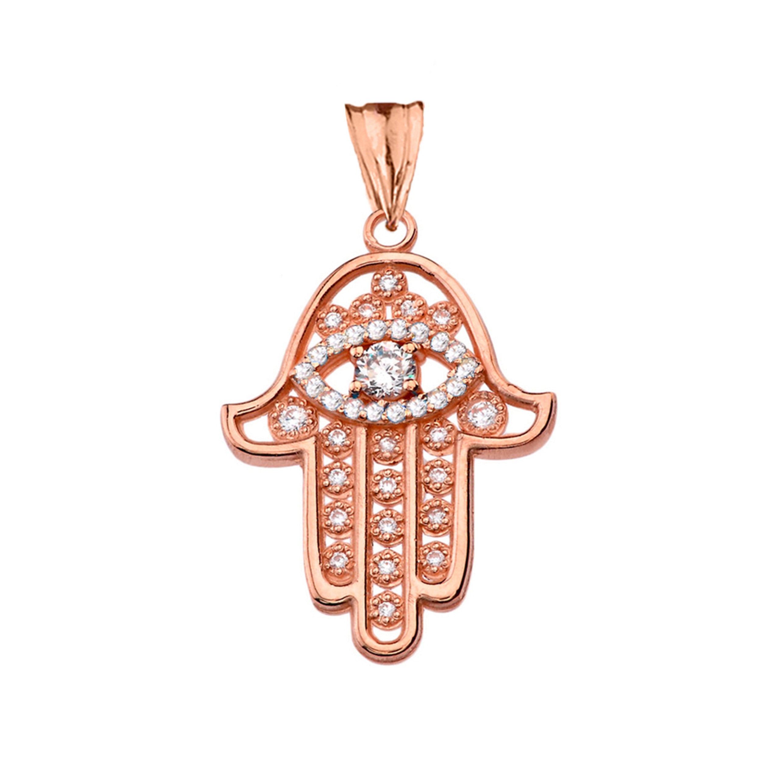 Chic Hamsa Evil Eye Pendant Necklace in Gold (Yellow/Rose/White Gold)