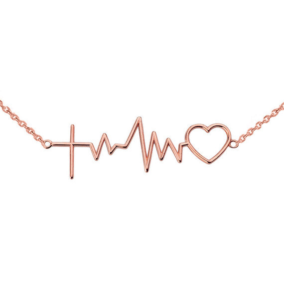 Gold 14K Heartbeat with Cross Necklace(Available In Yellow/Rose/White Gold)