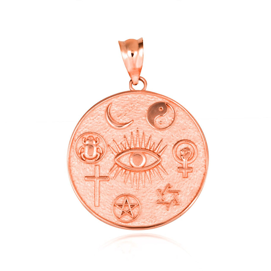 Gold Religious Interfaith Spiritual Medallion Pendant Necklace (Available in Yellow/Rose/White Gold)