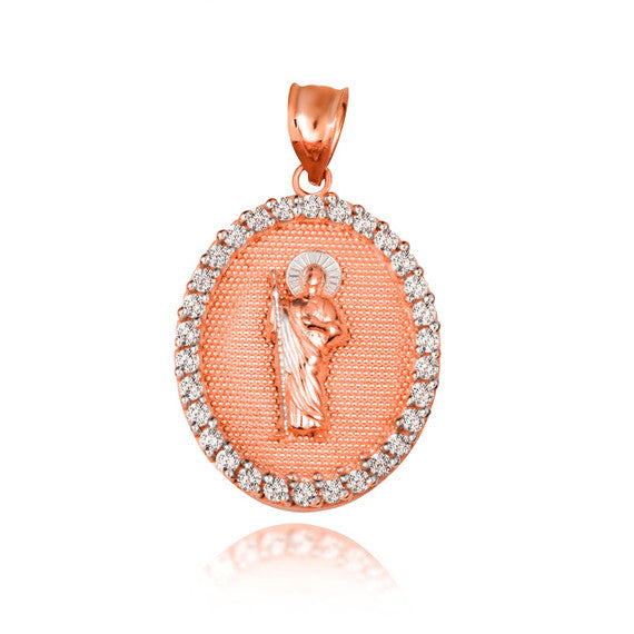 Two-Tone Gold Saint Jude Cubic Zirconia Oval Halo Beaded Medallion Pendant Necklace (Available in Yellow/Rose/White Gold)