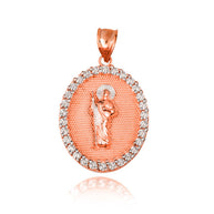 Two-Tone Gold Saint Jude Cubic Zirconia Oval Halo Beaded Medallion Pendant Necklace (Available in Yellow/Rose/White Gold)