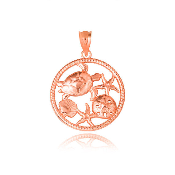 Gold Sea Shell Turtle & Starfish Marine Life Rope Pendant Necklace (Available in Yellow/Rose/White Gold)
