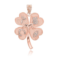 Gold Tri-Tone Four Leaf Clover Good Luck Charm Pendant Necklace (Available in Yellow/Rose/White Gold)