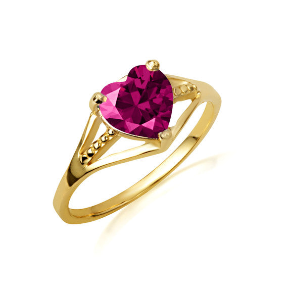 Gold Heart Beaded Cubic Zirconia Birthstone Love Ring (Available in Yellow/Rose/White Gold)