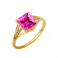 Gold Square Cut Cubic Zirconia Birthstone Beaded Ring (Available in Yellow/Rose/White Gold)
