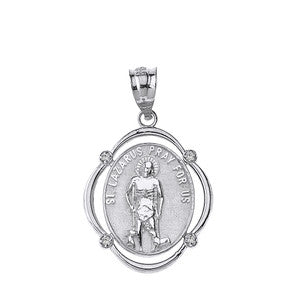 Sterling Silver Engravable CZ Saint Valentine Pray For Us Oval Pendant Necklace (1.04