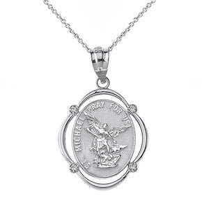Sterling Silver Engravable Saint Michael Pray For Us Oval Pendant Necklace
