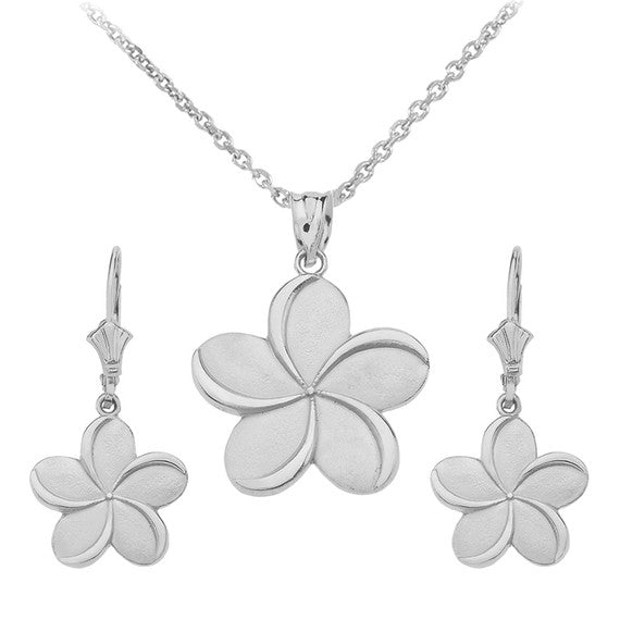 .925 Sterling Silver Hawaiian Plumeria Flower Leverback Earrings & Pendant Necklace Set