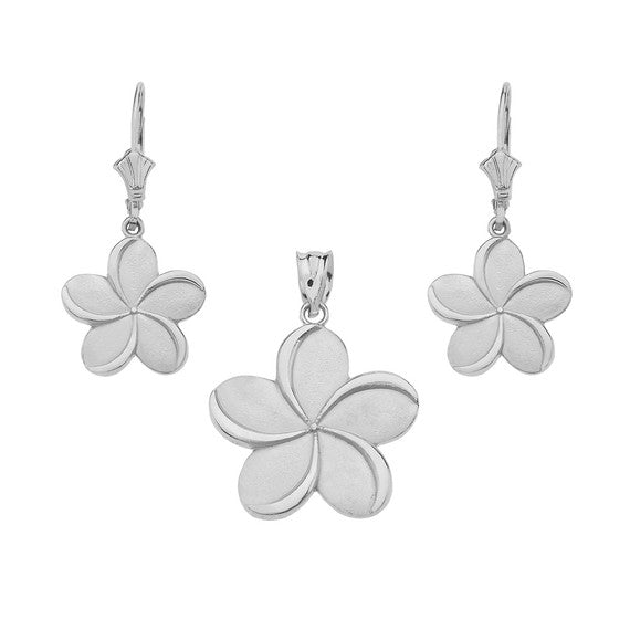 .925 Sterling Silver Hawaiian Plumeria Flower Leverback Earrings & Pendant Necklace Set