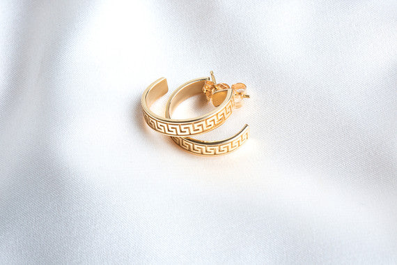 Yellow Gold Greek Key Hoop Earrings