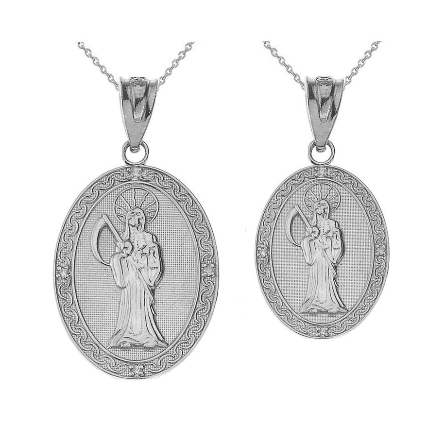Sterling Silver Santa Muerte Oval Pendant Necklace (S/L)
