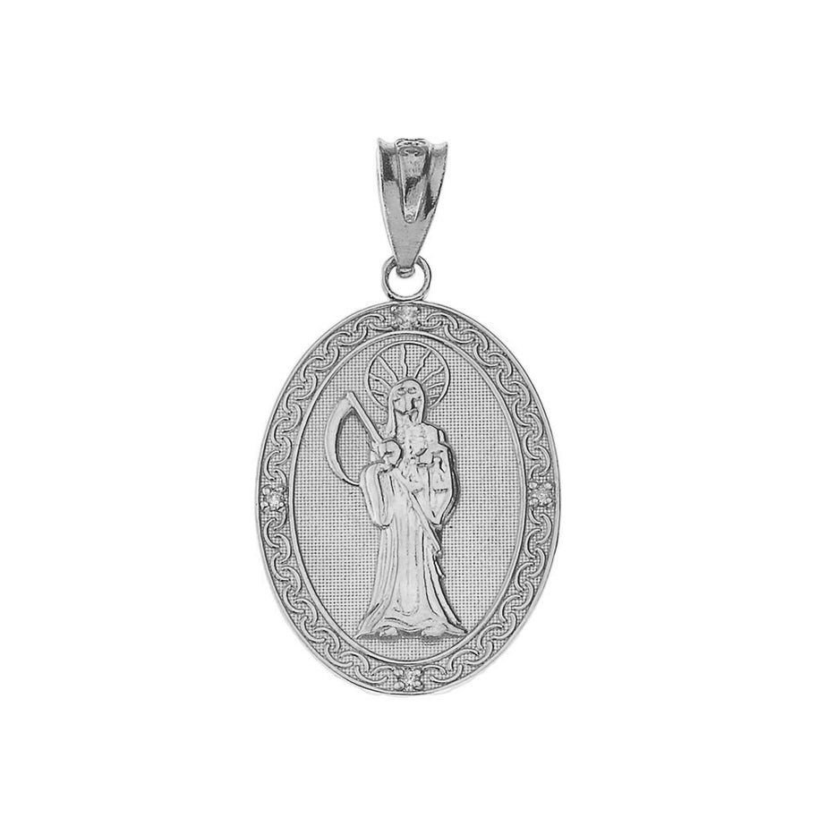 Sterling Silver Santa Muerte Oval Pendant Necklace (S/L)