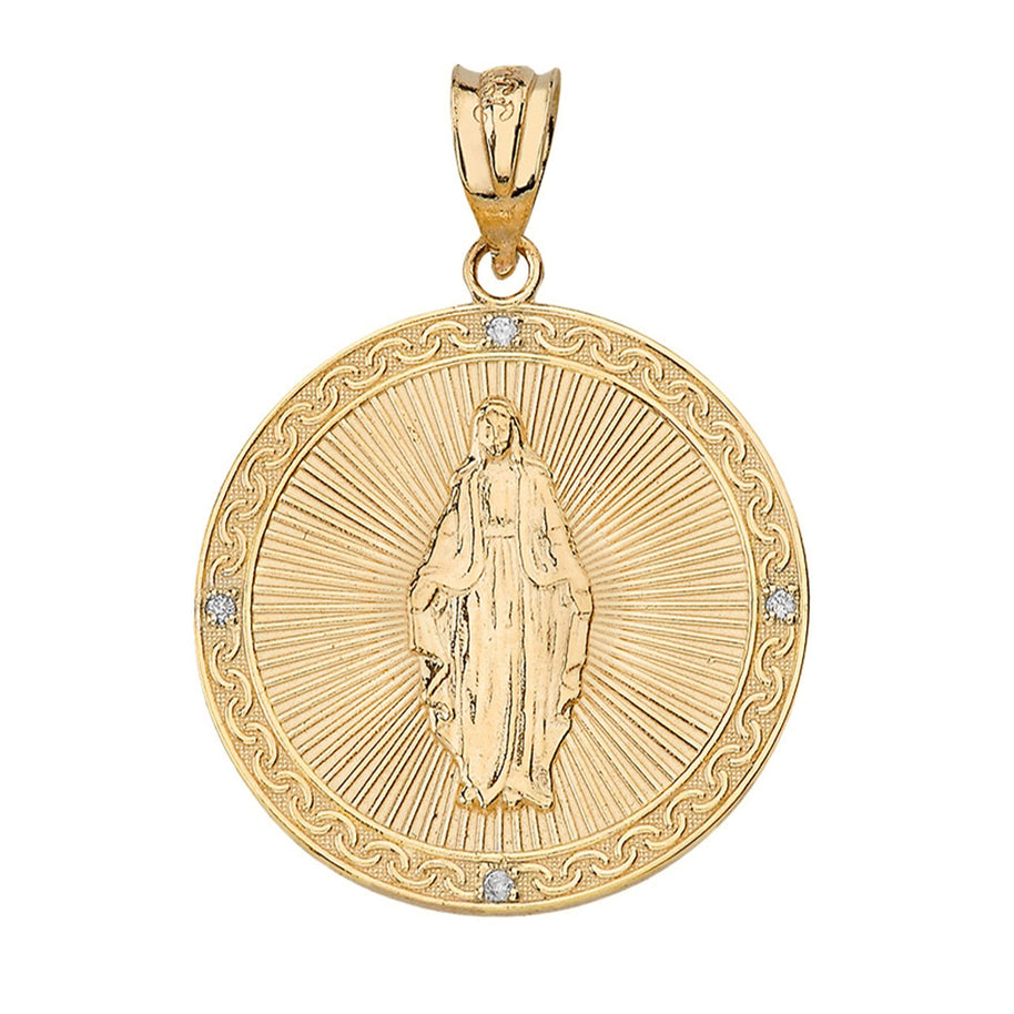 Mary Mother of Jesus Circle Medallion Diamond Pendant Necklace (Small) in Solid Gold (Yellow/Rose/White)