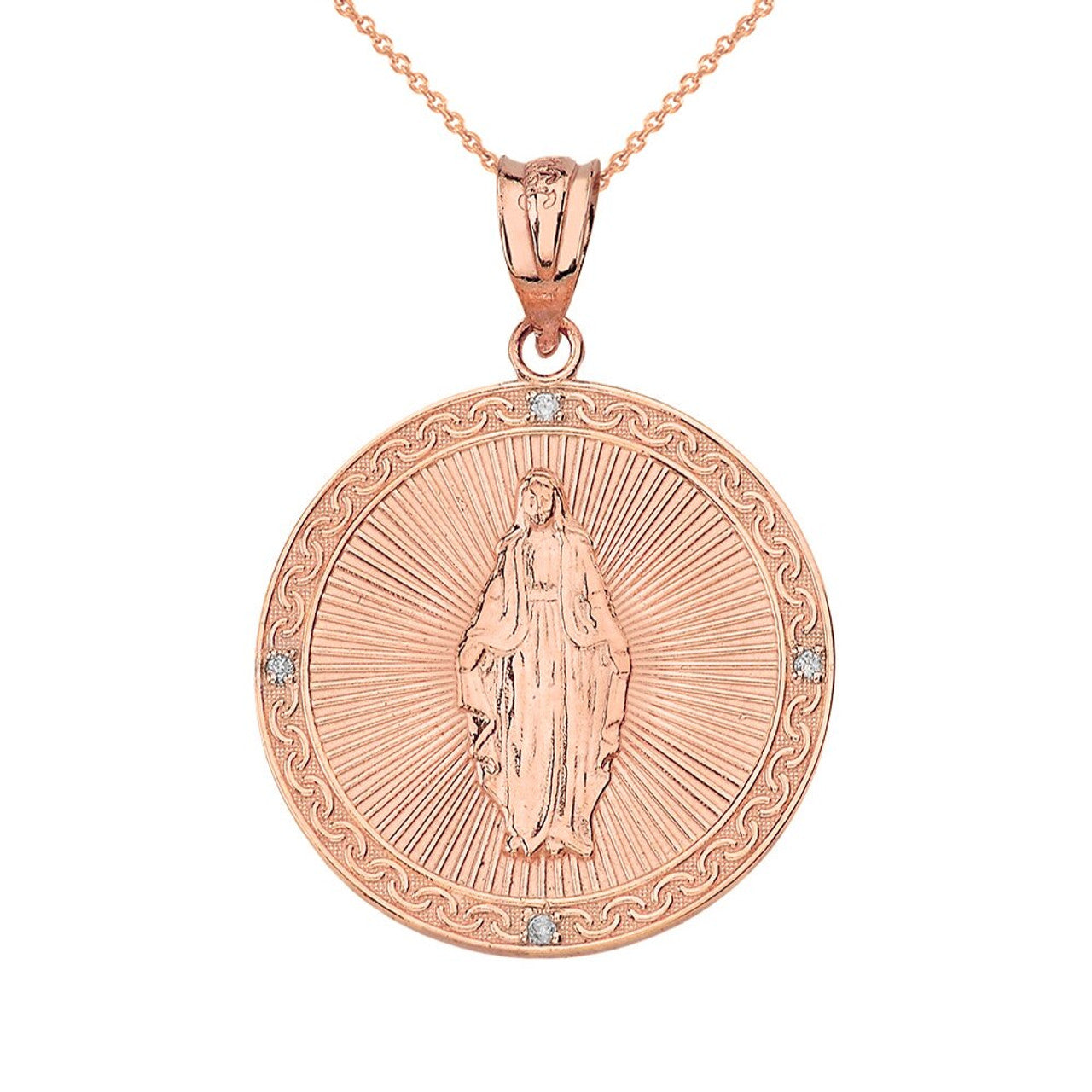 Mary Mother of Jesus Circle Medallion Diamond Pendant Necklace (Small) in Solid Gold (Yellow/Rose/White)