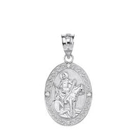 Sterling Silver Engravable CZ Saint Valentine Pray For Us Oval Pendant Necklace (1.04