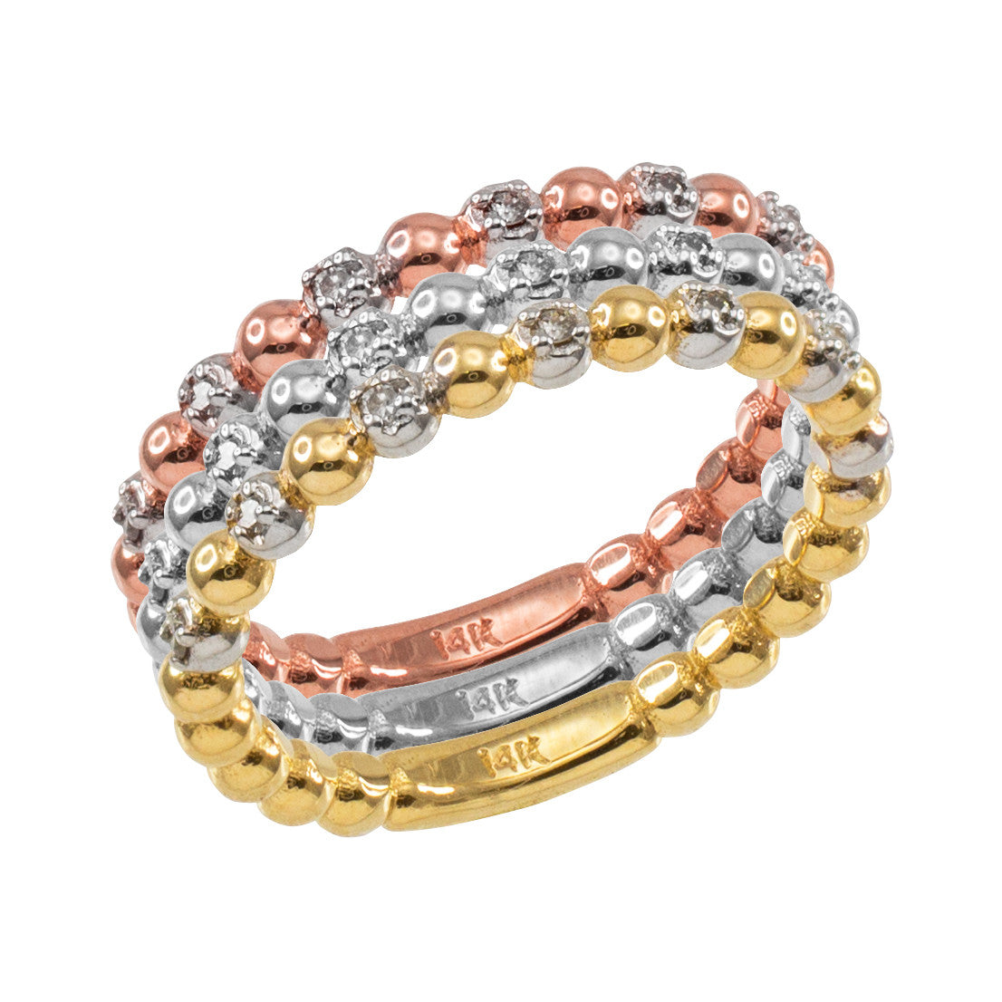 Solid Gold Two-Tone Ball Chain Stackable Ring with Diamonds(Available in Yellow/Rose/White Gold)