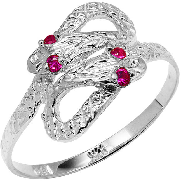 .925 Sterling Silver Double Headed Snake Ruby Birthstone Ring