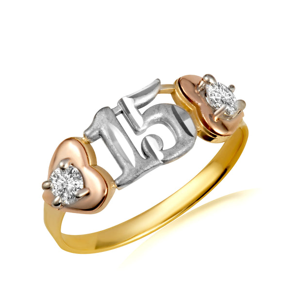 Tri-Color Gold Cubic Zirconia Heart 15 Años Quinceañera Ring
